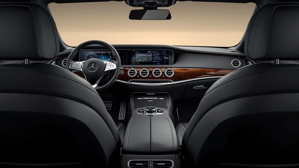 Luxurious Mercedes S-Class W221 interior with black leather seats, dark wood trim, and illuminated COMAND screen.