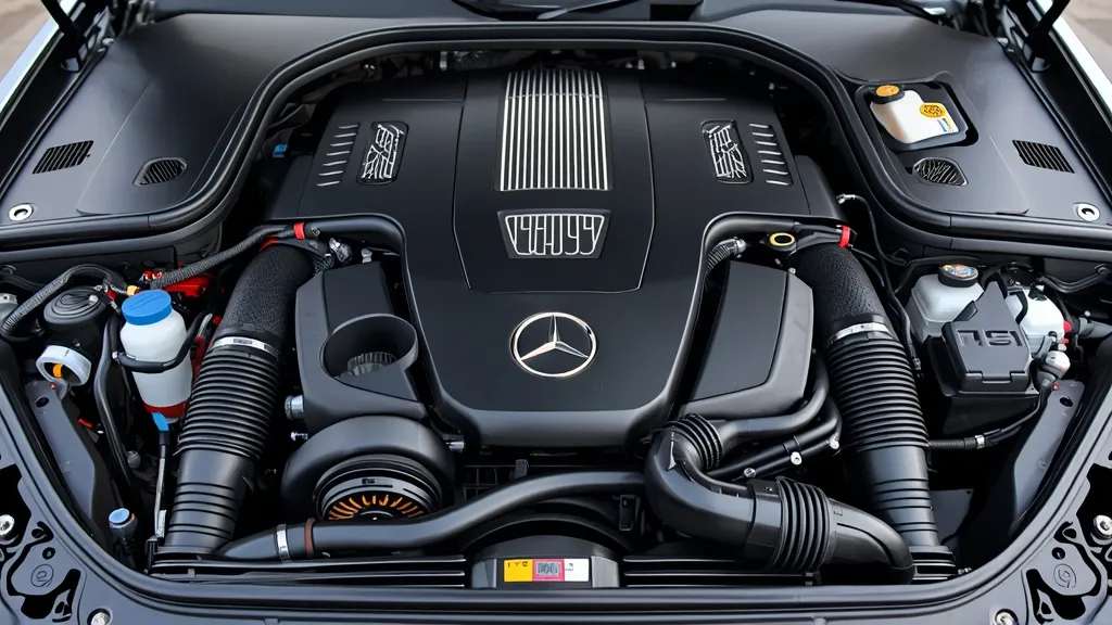 Detailed view of a Mercedes W221 V8 engine bay, highlighting its complexity and various components.