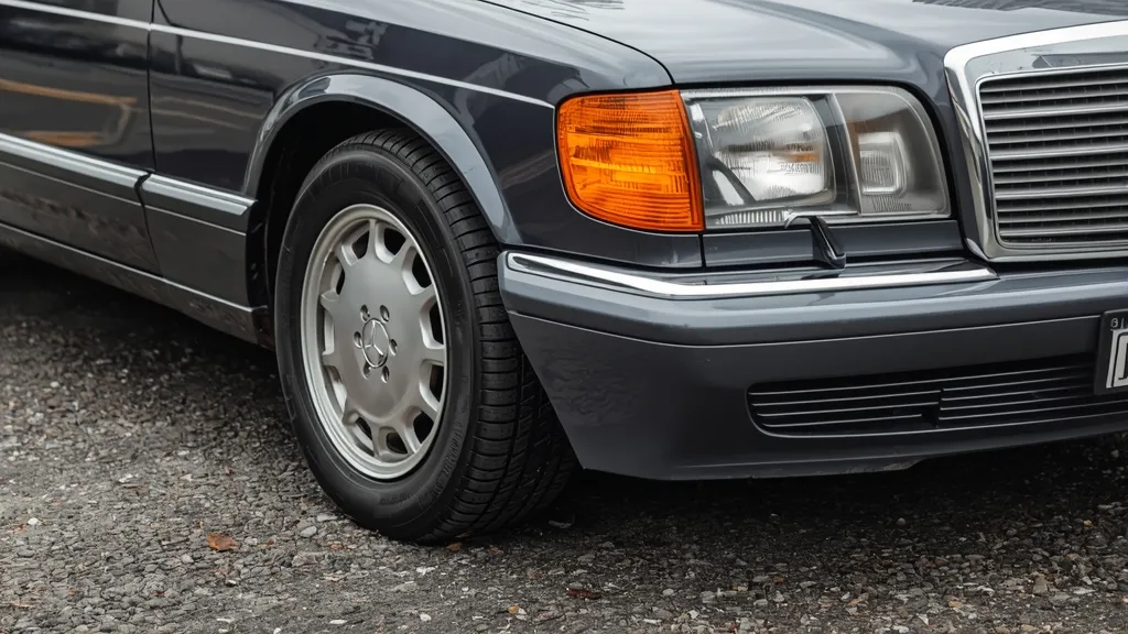 Mercedes S-Class W221 with a visibly sagging Airmatic suspension, indicating a common problem.