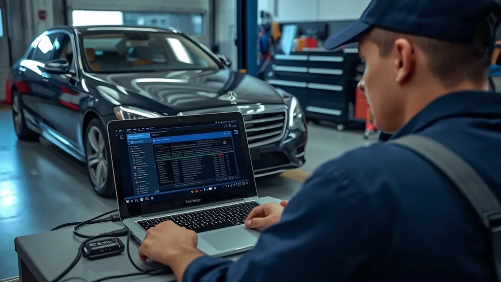 Mechanic using a Mercedes-Benz STAR diagnostic tool connected to a W221 S-Class in a workshop.