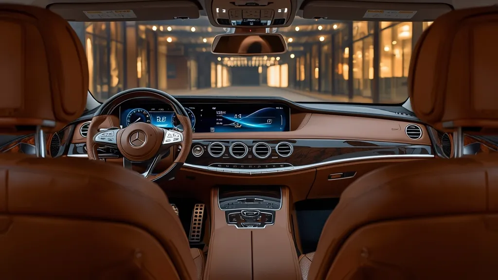 Luxurious Mercedes W222 interior with dual digital screens, rich wood trim, and ambient lighting.