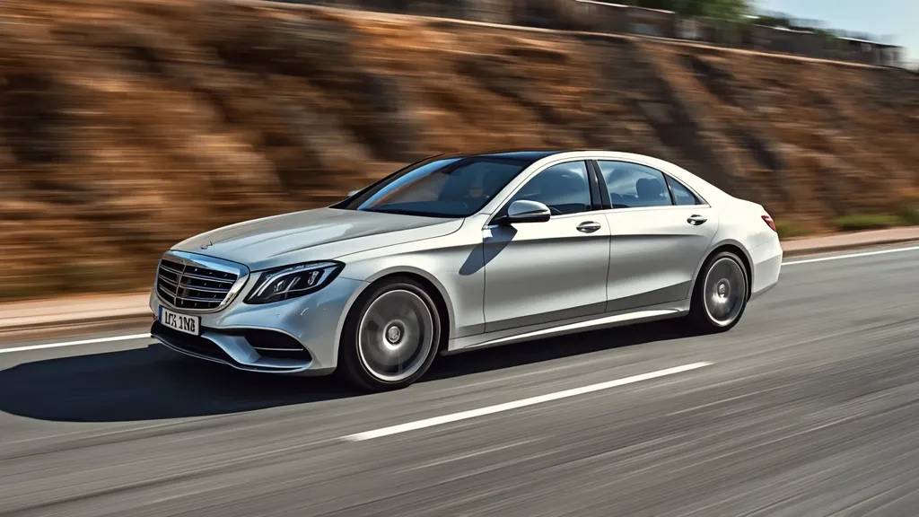 Mercedes S-Class W222 smoothly gliding over a slightly uneven road, demonstrating its Magic Body Control.