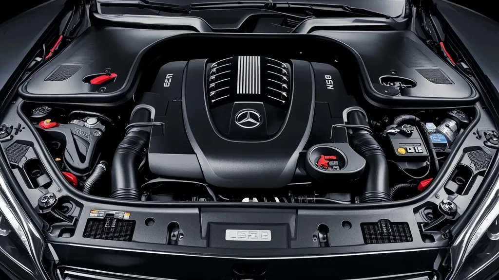 Clean Mercedes S-Class W222 engine bay, highlighting complex engineering and powerful V8 engine.
