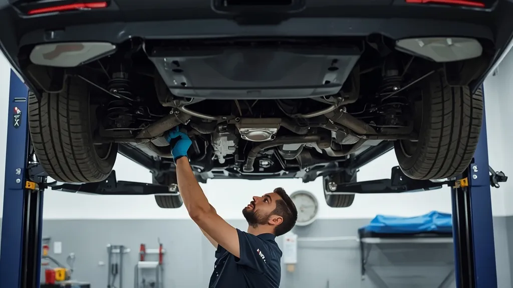 Experienced mechanic inspecting the undercarriage of a used Mercedes S-Class W222 on a lift.