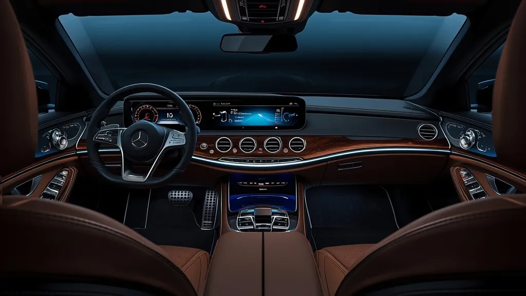 Mercedes S-Class W223 luxurious interior with MBUX Hyperscreen and ambient lighting
