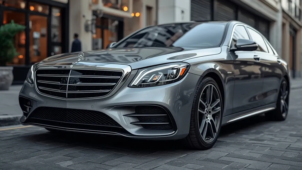 Mercedes S-Class W223 from front three-quarter angle, showcasing elegant design and LED headlights