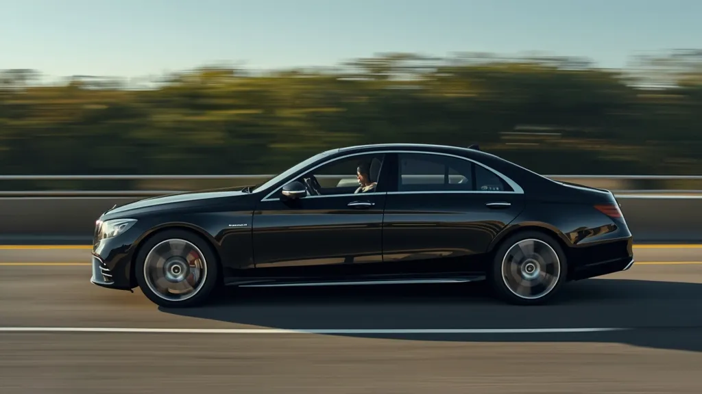 Mercedes S-Class W223 driving on highway, demonstrating Drive Pilot autonomous driving capabilities