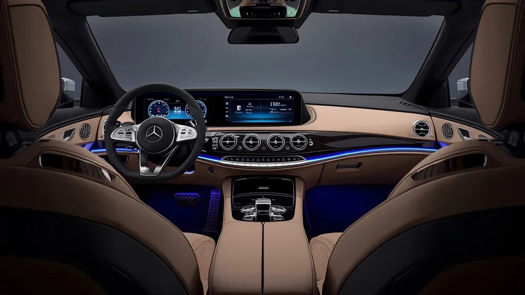 2025 Mercedes S-Class interior with MBUX Hyperscreen, luxurious leather, and ambient lighting.