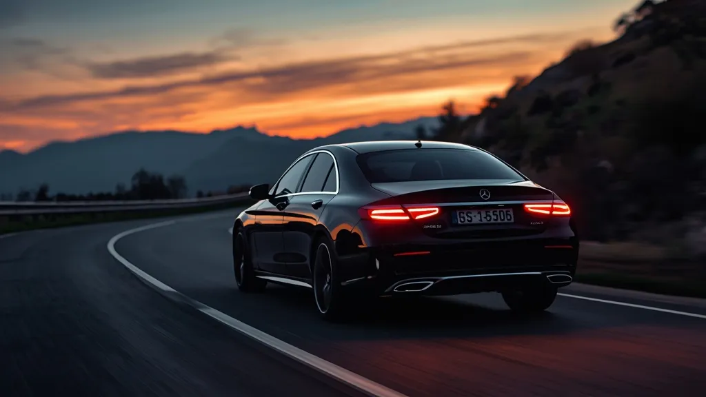 Mercedes S350 2025 driving on a scenic highway, showcasing Digital Light and rear-axle steering.
