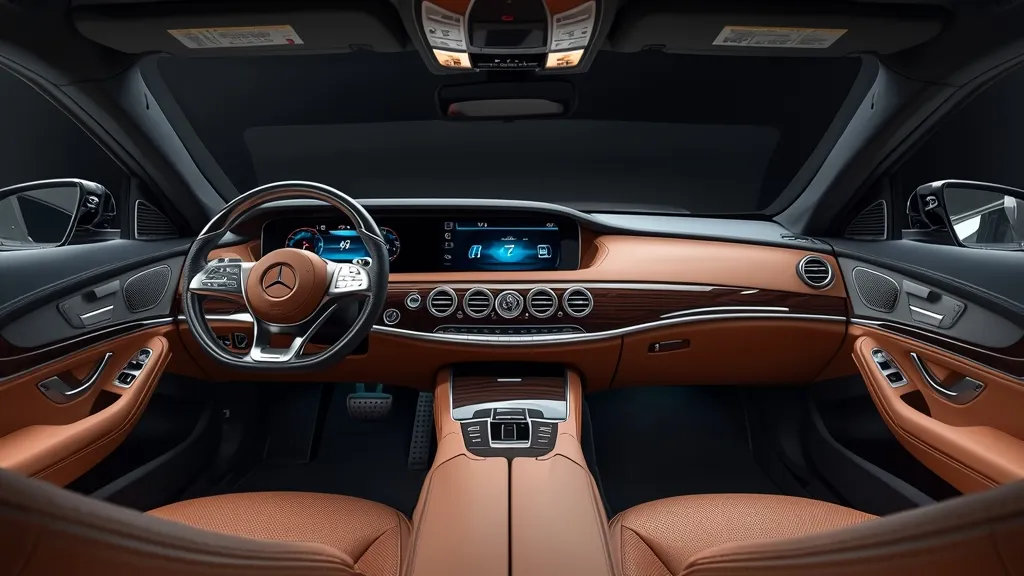 Luxurious interior of a Mercedes S450 W222, featuring dual screens, premium leather, and ambient lighting.