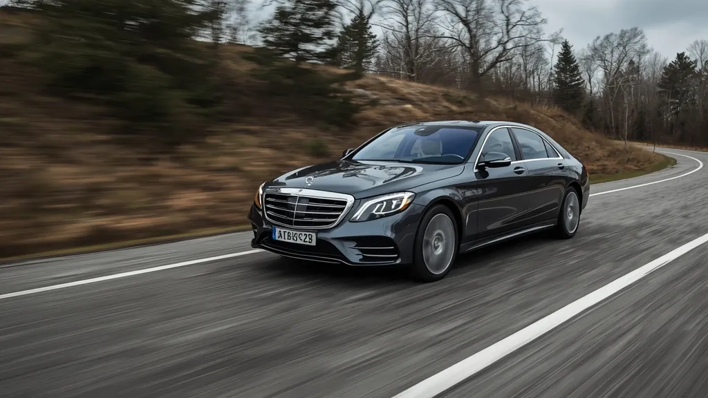 Mercedes S450 W222 gracefully handling a slightly uneven road, demonstrating the effectiveness of its air suspension system.