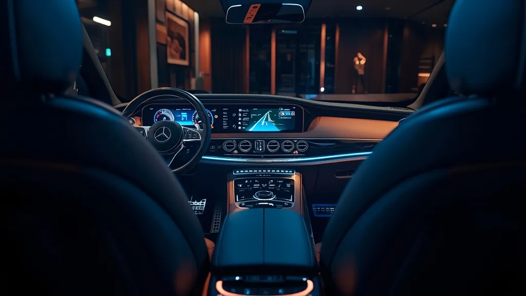 Luxurious Mercedes S500 W223 interior, featuring the large MBUX touchscreen and premium digital lounge.