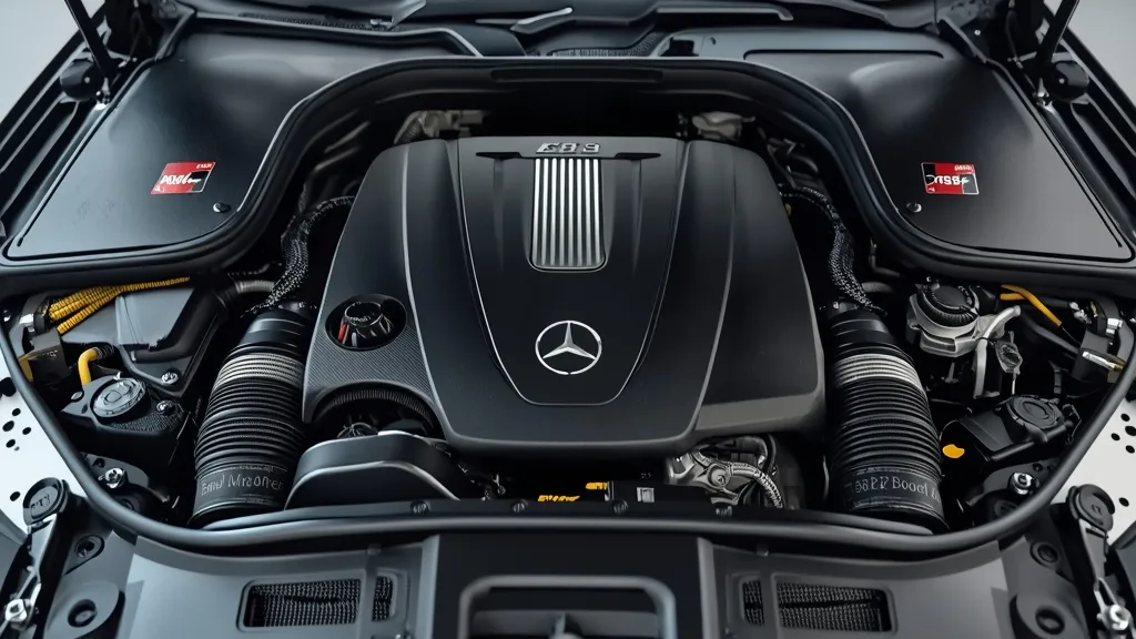 Mercedes S500 W223 engine bay, highlighting the 3.0L inline-six with EQ Boost mild-hybrid technology.