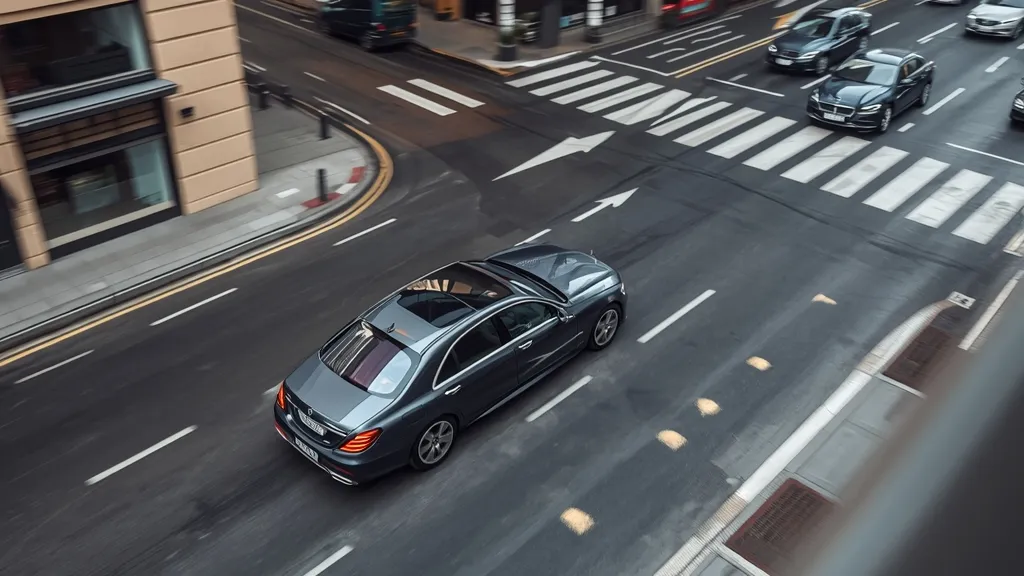 Mercedes S500 W223 rear-axle steering in action, showing enhanced maneuverability in a tight urban setting.