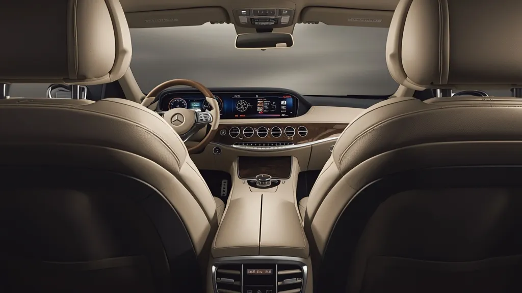 Plush interior of a Mercedes S550 W221, featuring leather seats, wood trim, and COMAND infotainment system.
