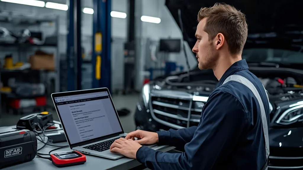Experienced mechanic diagnosing a Mercedes S550 W221 with a diagnostic tool, representing expert maintenance.