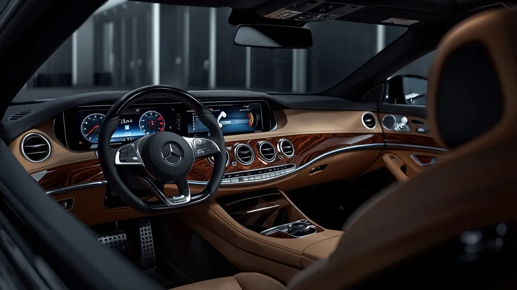 Luxurious S-Class W222 interior with dual screens, premium leather, wood trim, and ambient lighting.