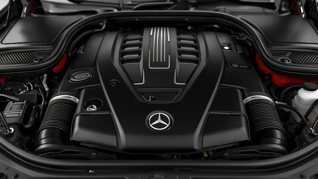 Close-up of the M176 V8 engine in the Mercedes S560 W222, highlighting its powerful twin-turbo architecture.