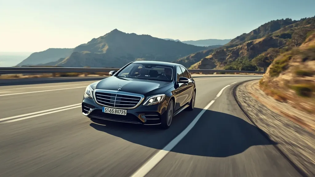 Mercedes S560 W222 effortlessly cruising on a scenic highway, demonstrating Magic Body Control smooth ride.