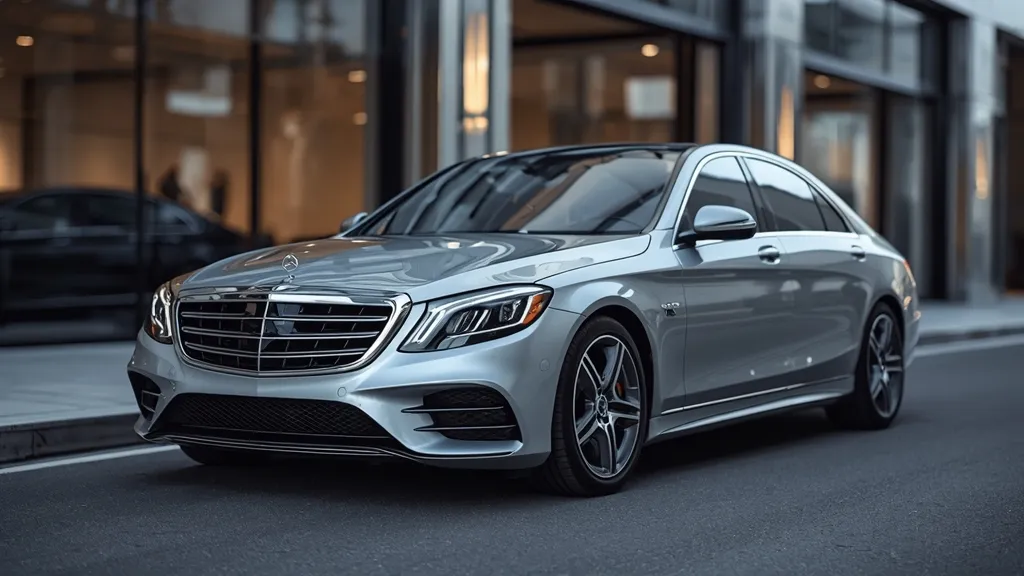 The elegant exterior of the Mercedes S580 W223 parked majestically in front of a modern architectural building, showcasing its sleek lines and LED headlights.