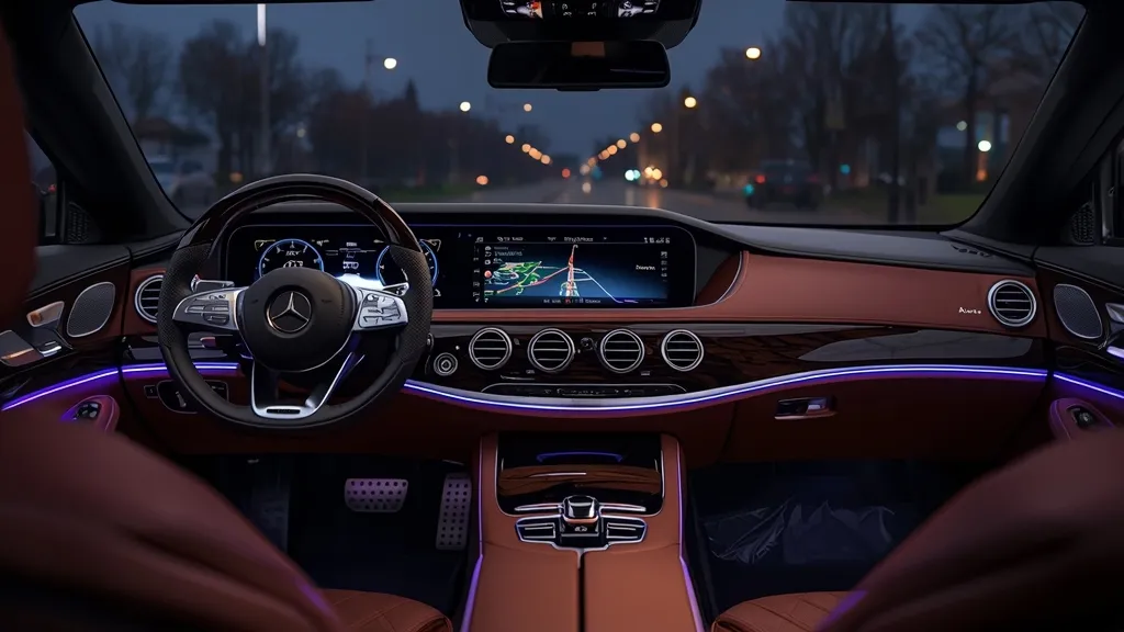 The futuristic cockpit of the Mercedes S580 W223, highlighting the large central MBUX OLED touchscreen and 3D driver display.