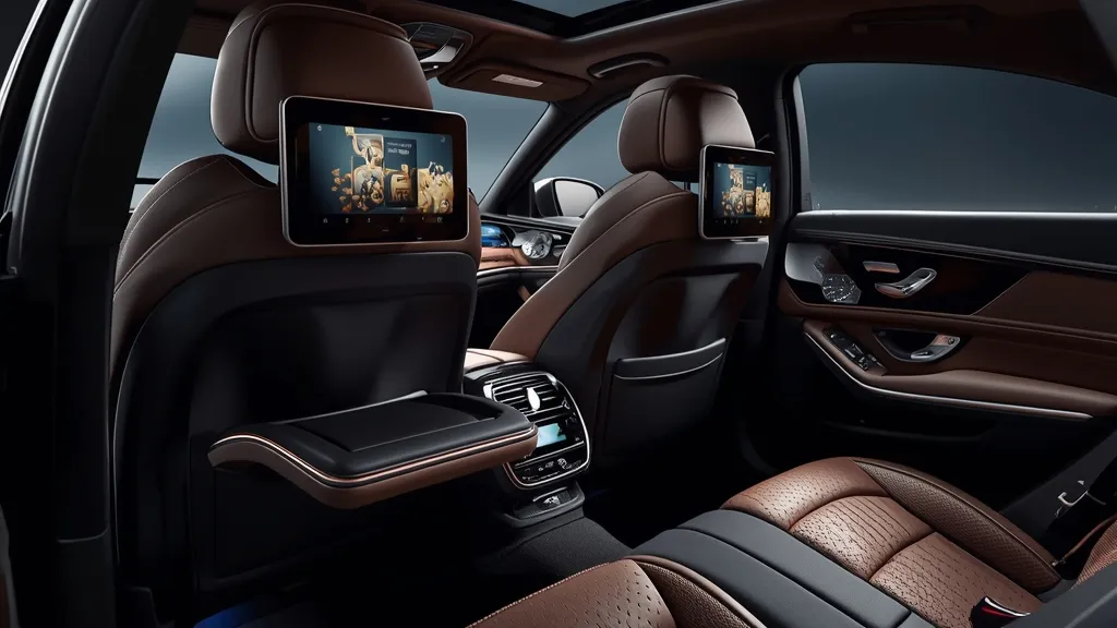 Luxurious rear cabin of the Mercedes S580 W223 with executive reclining seats, individual screens, and premium materials.