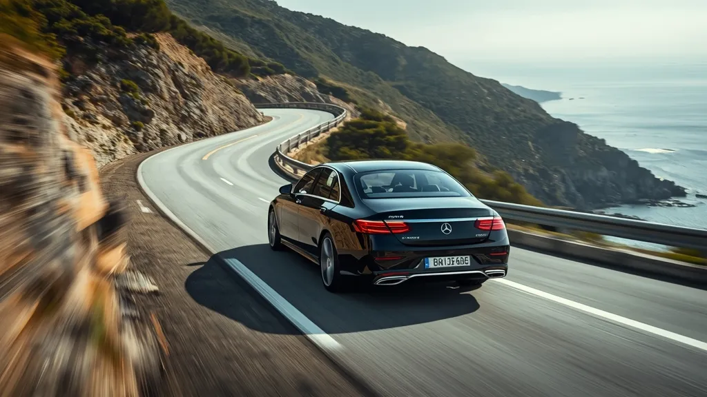 The Mercedes S580 W223 dynamically cornering on a scenic road, demonstrating its agile Mercedes S-Class S580 performance and advanced suspension.