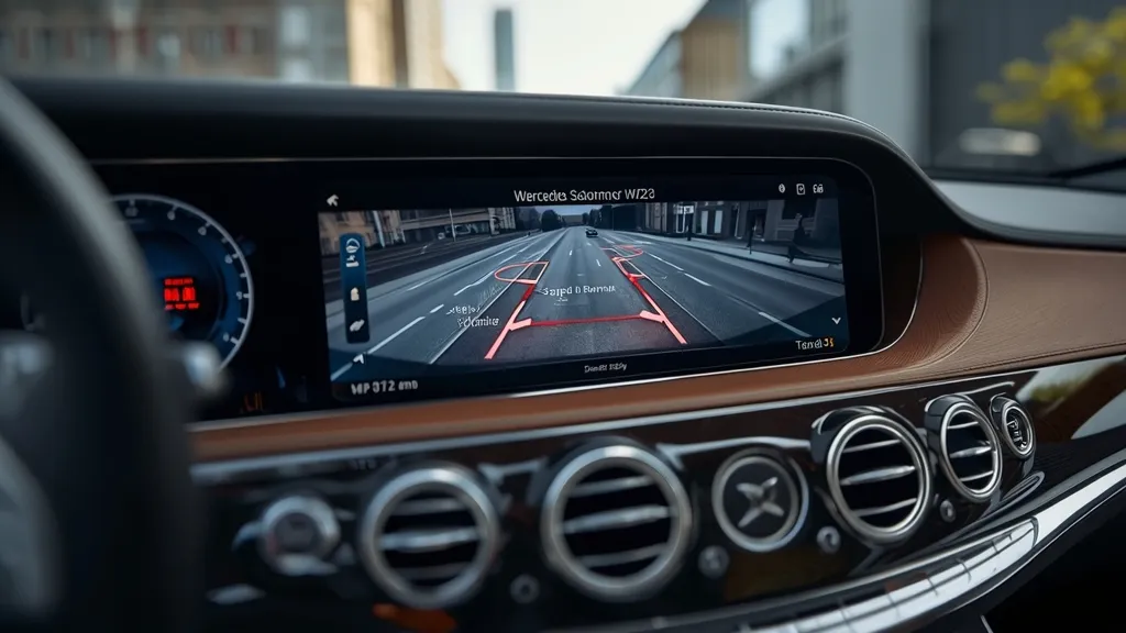Close-up of the W223 augmented reality navigation display in the Mercedes S580 W223, showing superimposed directions on a live road view.