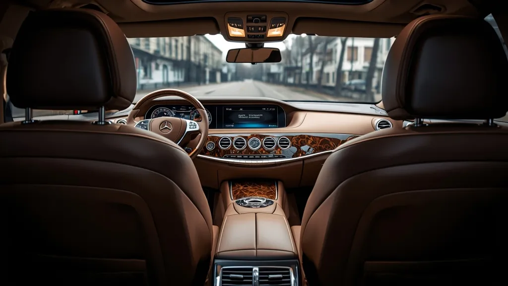 Luxurious interior of a Mercedes S600 W221, showcasing premium leather, wood trim, and advanced COMAND system.