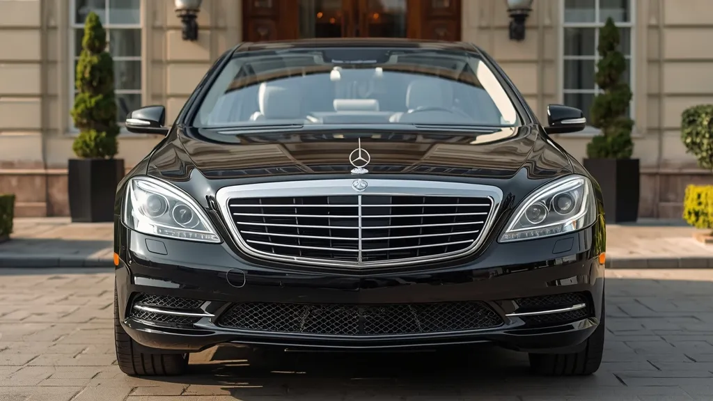 Front three-quarter view of a pristine Mercedes S600 W221, parked elegantly, showcasing its timeless design.