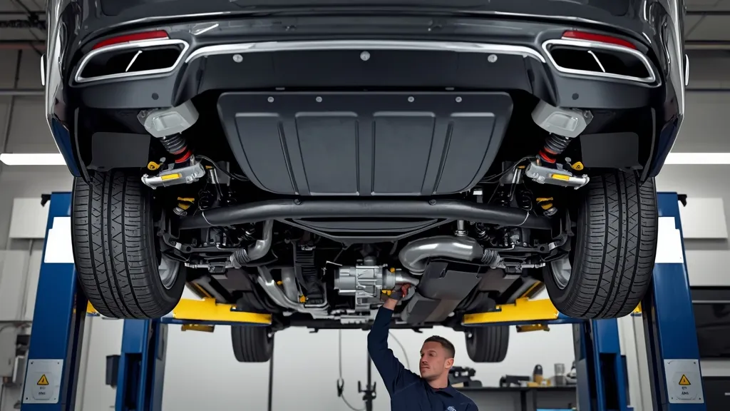 Mercedes S600 W221 on a lift, showing the Active Body Control (ABC) hydraulic suspension components underneath.