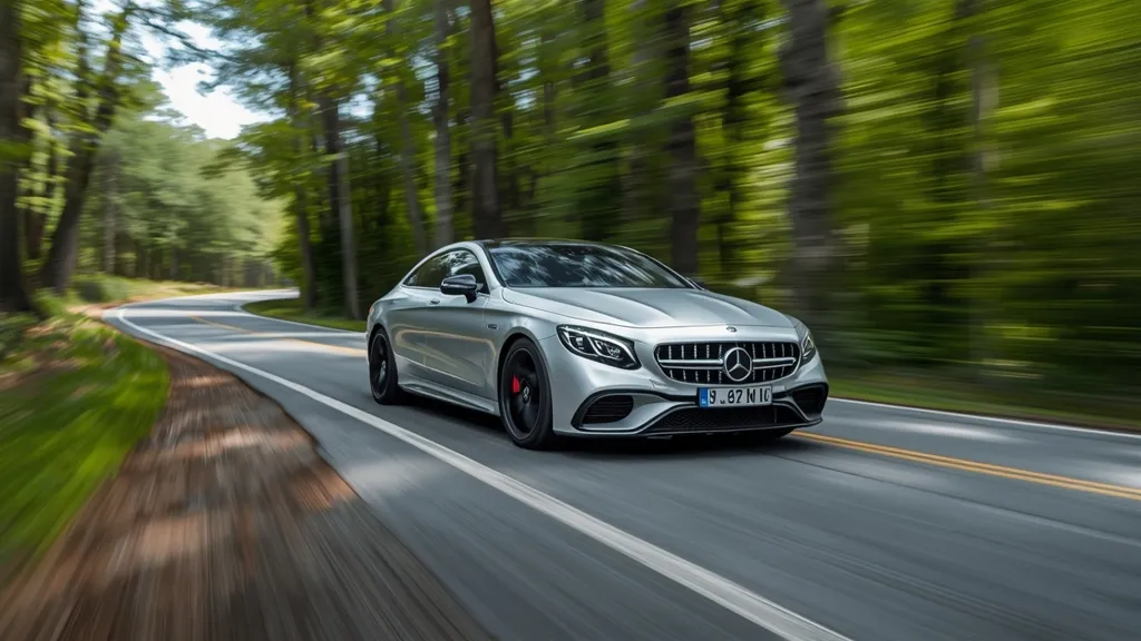 Dynamic shot of a Mercedes S63 AMG W221 driving on a scenic road, highlighting its performance.