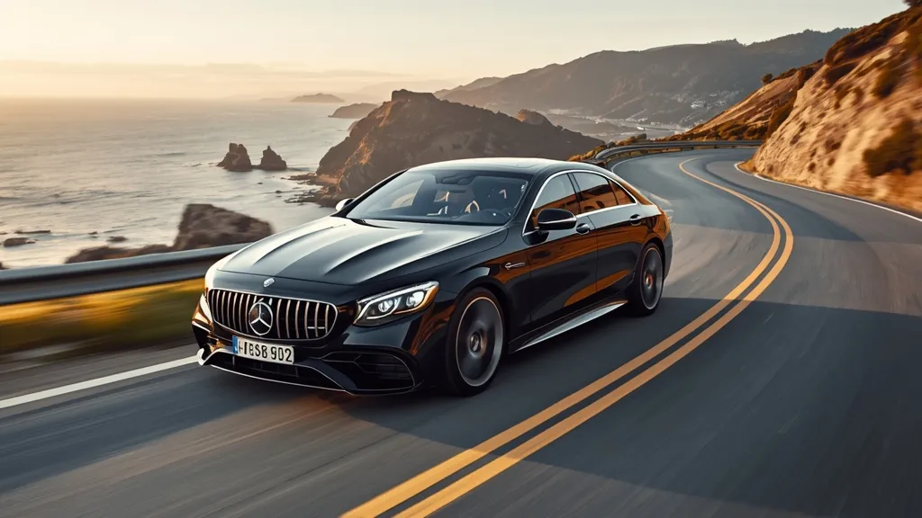 Mercedes S65 AMG W221 driving dynamically on a scenic, winding road, highlighting its performance.