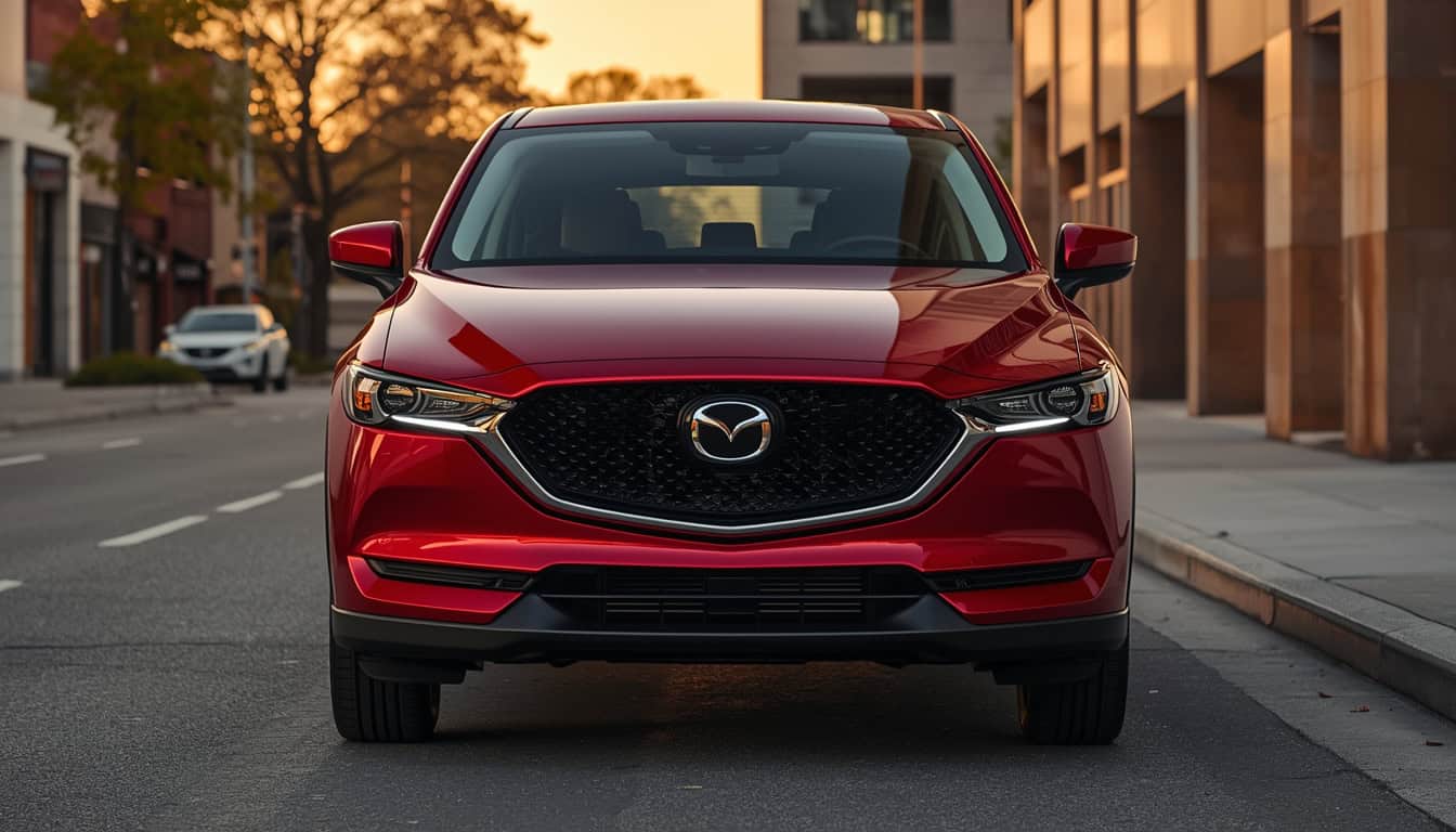 2026 Mazda CX-5 exterior front three-quarter view in Soul Red Crystal Metallic on modern urban street