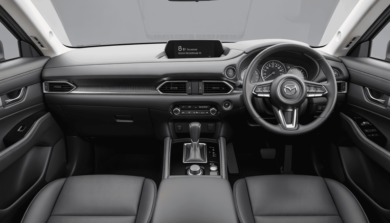 Mazda CX-5 premium leather interior dashboard with 10.25-inch infotainment display and driver-focused cockpit design