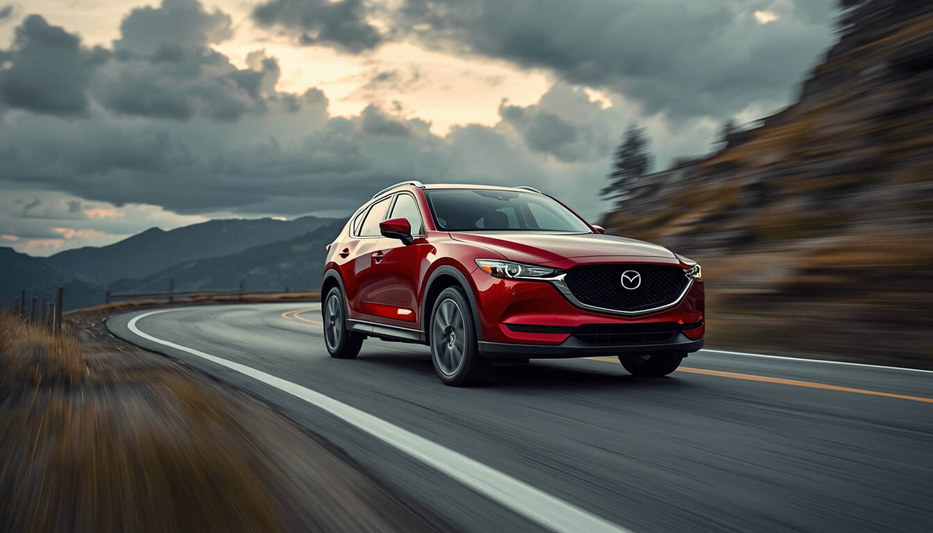 2026 Mazda CX-5 driving on winding mountain road demonstrating sporty handling and dynamic performance capabilities