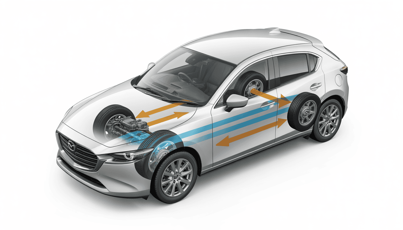 Mazda CX-5 i-Activ all-wheel drive system diagram showing intelligent torque distribution to all four wheels