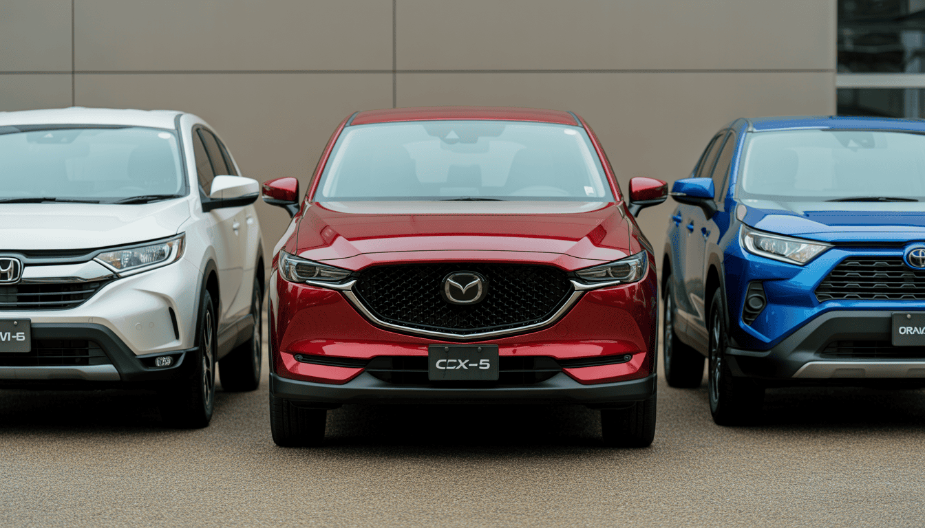 Side-by-side comparison of 2026 Mazda CX-5 versus Honda CR-V and Toyota RAV4 compact crossover SUVs