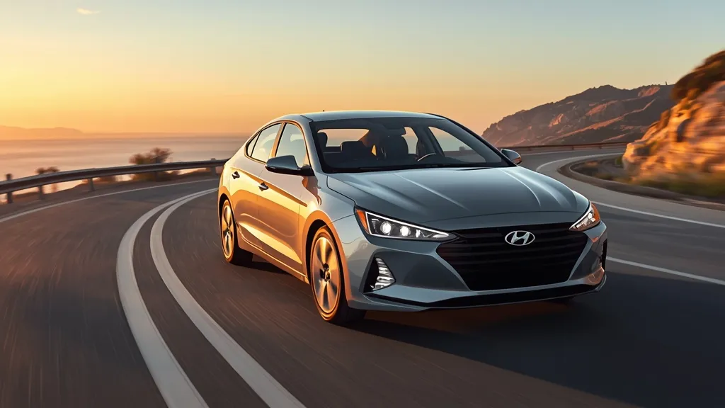 Modern Hyundai Elantra driving on a scenic highway, showcasing its bold Parametric Dynamics design.