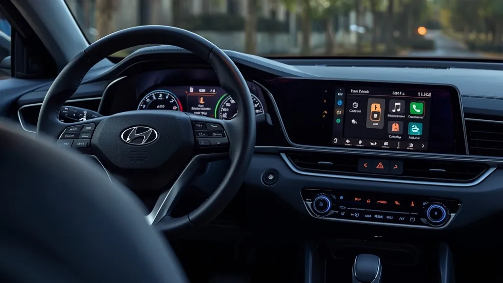Driver perspective of Hyundai Elantra interior, highlighting dual digital screens and advanced infotainment system.