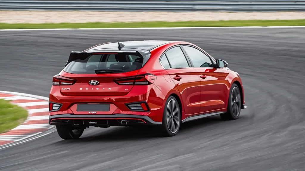High-performance Hyundai Elantra N on a race track, showcasing its dynamic handling and aggressive styling.