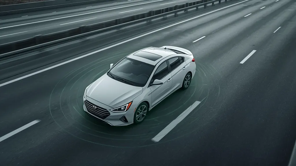 Hyundai Elantra demonstrating SmartSense safety features, with radar sensors and lane lines visible.