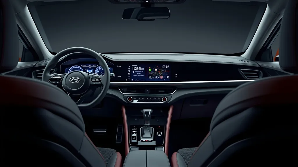 Futuristic interior of the Hyundai Elantra 2026 with dual curved digital displays and premium, sustainable materials.