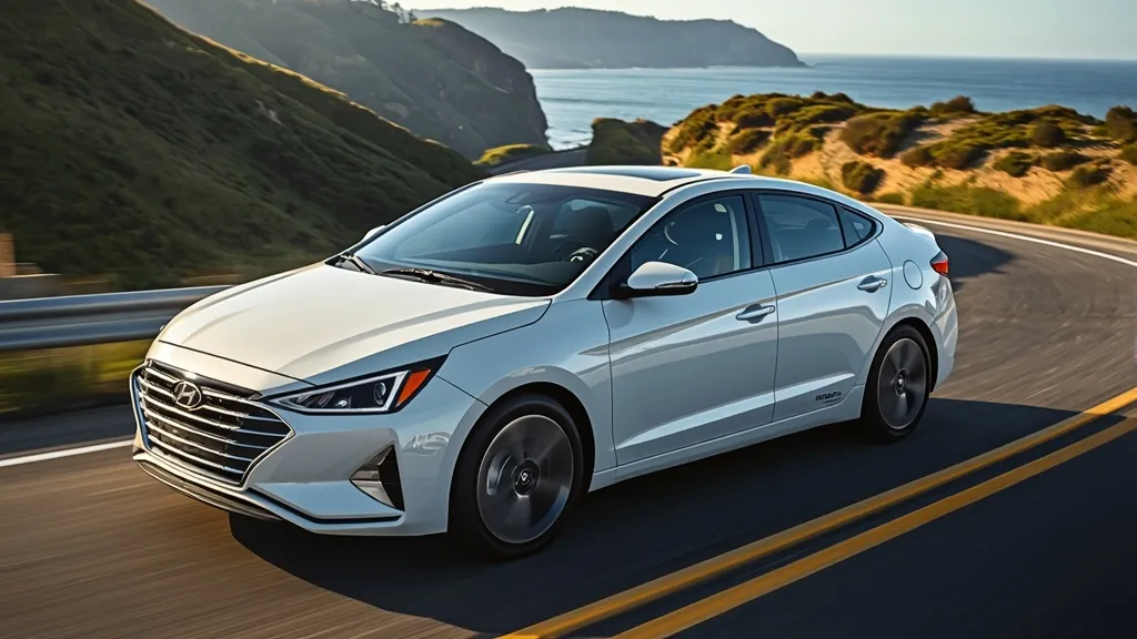Hyundai Elantra 2026 Hybrid driving efficiently on a scenic highway, highlighting advanced hybrid vehicle technology.