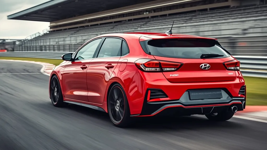 High-performance Elantra N 2026 performance model accelerating powerfully on a racetrack, showcasing its sporty design.