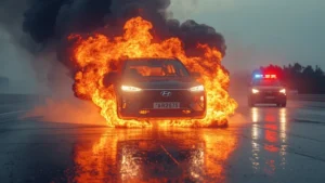 Hyundai Santa Fe fire, Santa Fe facelift, Hyundai test vehicle fire, Ulsan car incident, automotive safety investigation, Hyundai electric vehicle, car fire news 1