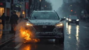 Hyundai Santa Fe facelift, Santa Fe fire test, Hyundai engine rumors, Korean test drive incident, Hyundai SUV development, EREV Hyundai 1