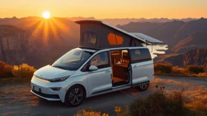 Hyundai electric camper, solar roof EV, Staria EV camper, electric RV, luxury electric camper, off-grid travel, solar powered van 1