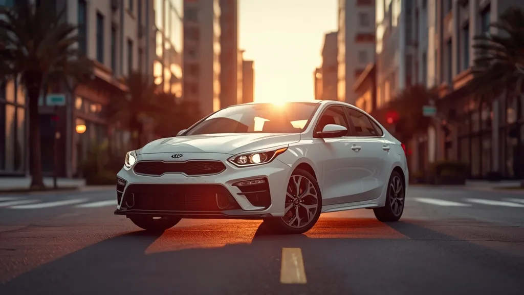 A sleek white Kia Forte sedan parked on a modern city street, highlighting its aerodynamic design and Tiger Nose grille.