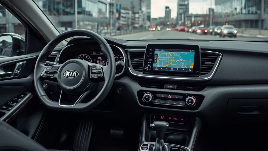 The modern interior of a Kia Forte featuring the 10.25-inch touchscreen infotainment system and leather-wrapped steering wheel.